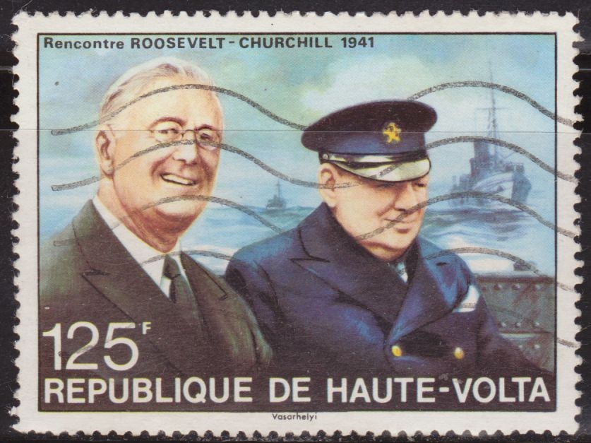 z vendido Alto Volta 1975 Scott 349 Sello * Personajes Encuentro Roosevelt Churchill 1941 125Fr (Actualmente Burkina Faso)